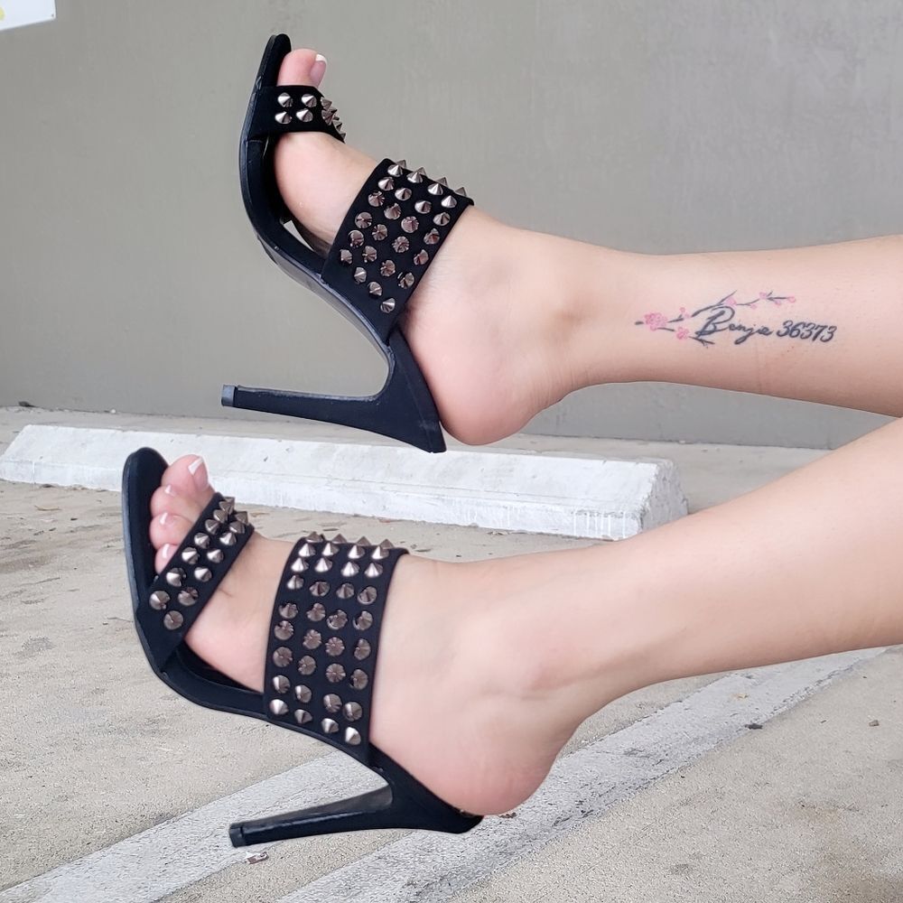 Women Metallic Studs Double Band High Heels Sandals Black Color - Picture 3 of 5